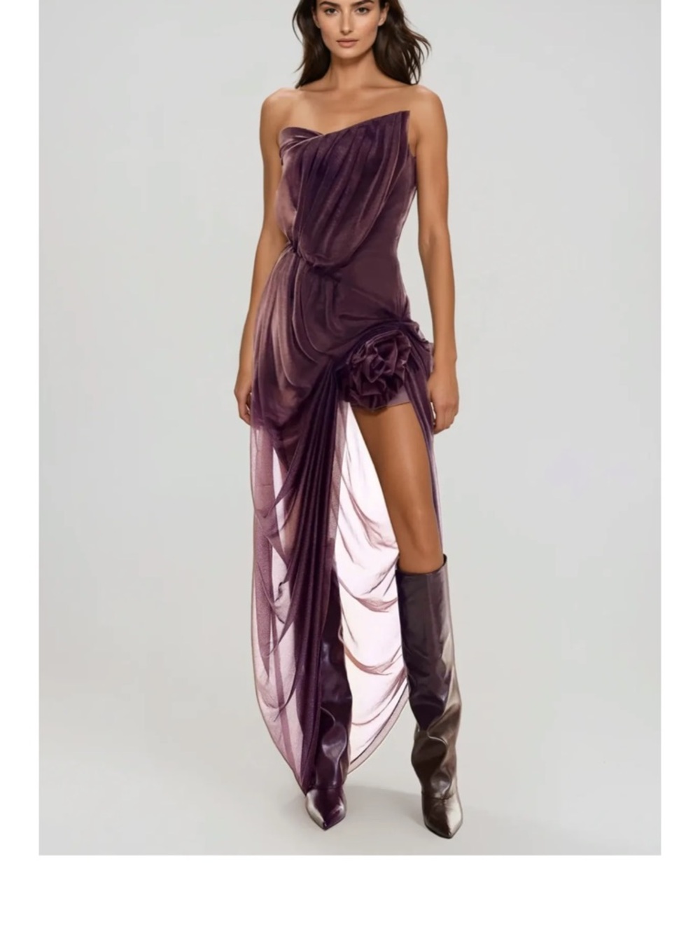 Strapless Pleated Sheer PROM GOWN Special Occasion Dress in Plum